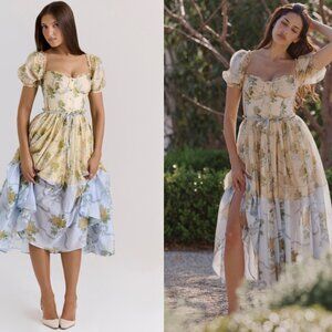 House of CB 'Penelope' lemon vintage rose chiffon midi dress NWOT